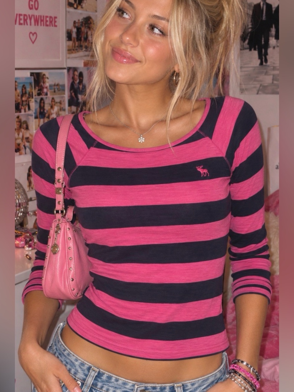 Vintage Y2K Abercrombie & Fitch Pink Navy Striped Long Sleeve Top Size Small
